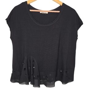 CREA Concept Womens Black Cap Sleeve Sheer Polka Dot Peplum Top Size 36 (S)